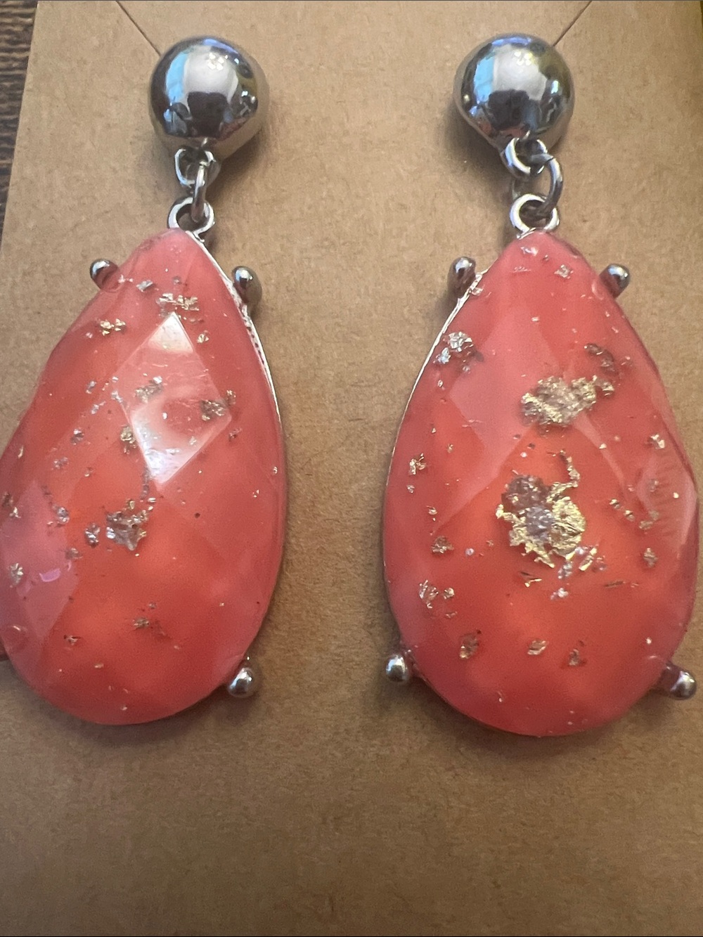 Coral Teardrop Dangle Earrings with Gold Flake Accents - Picture 3 of 4